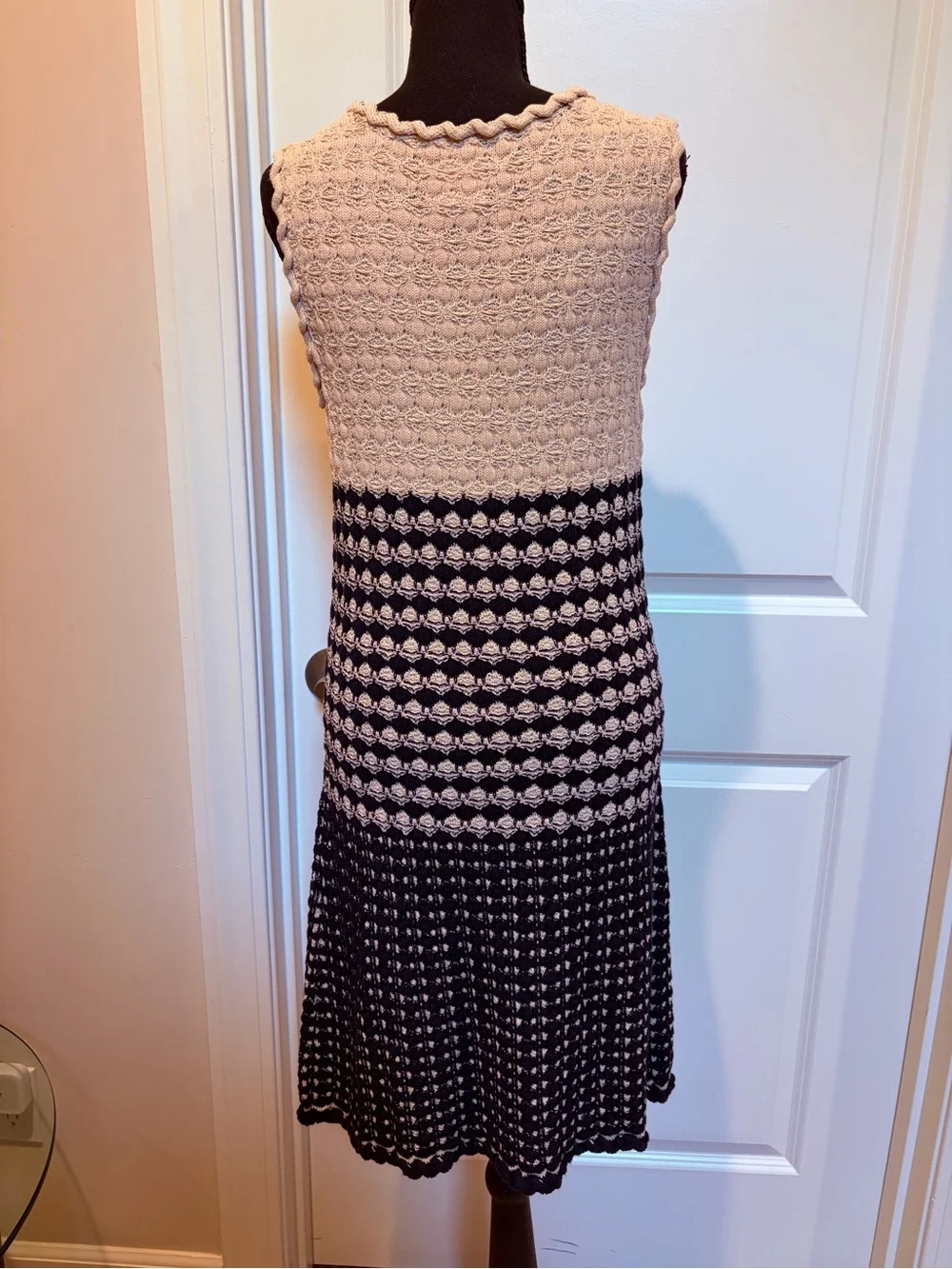CHANEL Sleeveless Crochet Knit Midi Dress in Cream and Blue